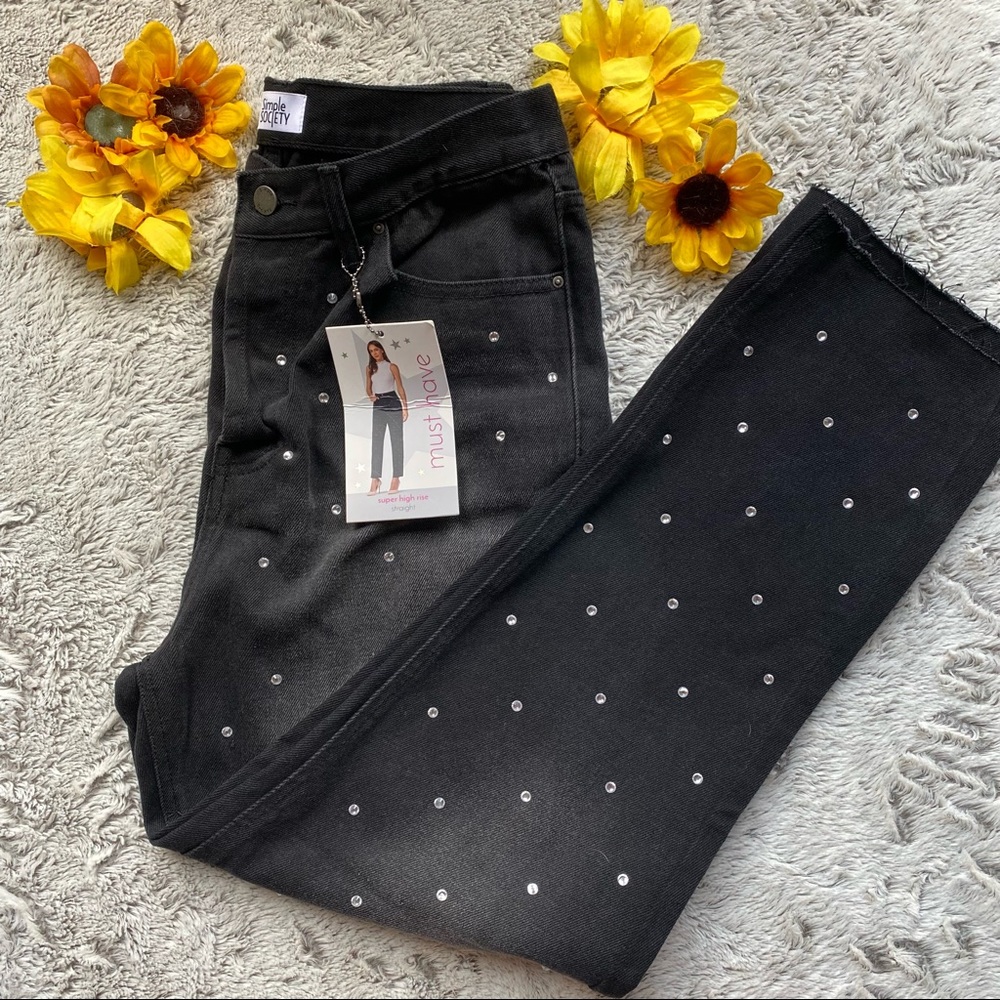 ✨NWT✨ Simple Society High Rise Straight Leg Black Rhinestoned Jeans Size 29